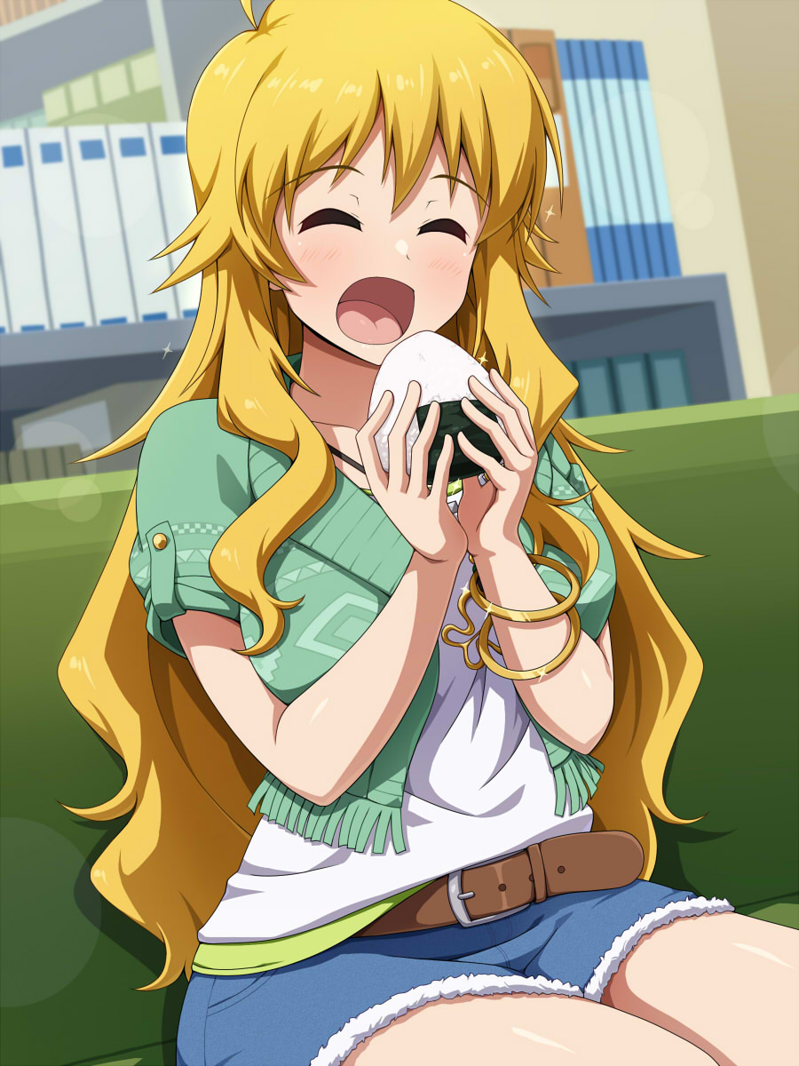 1girl, belt, blonde_hair, blue_shorts, blush, bracelet, brown_belt, choppy_bangs