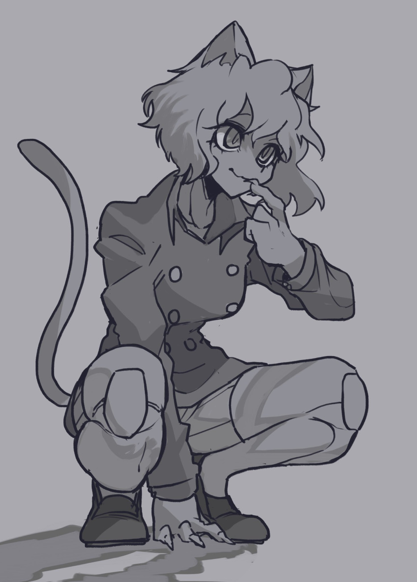 1girl, animal_ears, bone_nigi, breasts, buttons, finger_to_mouth, fingernails, full_body