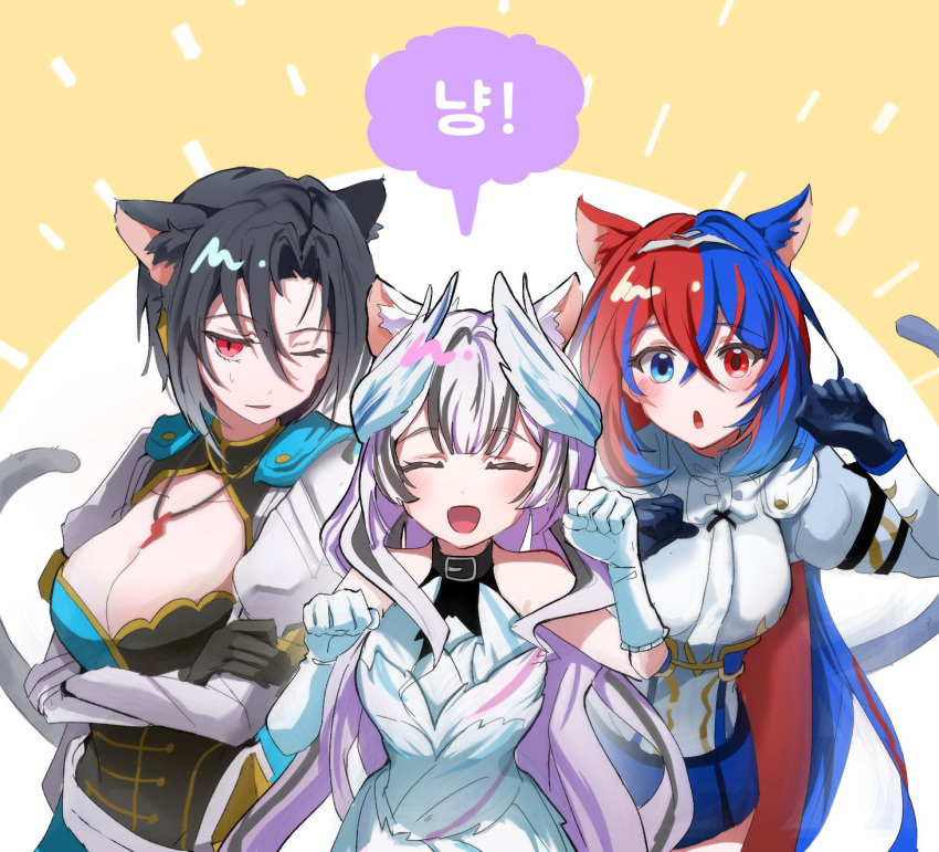 3girls, alear_(female)_(fire_emblem), alear_(fire_emblem), animal_ears, black_choker, blue_eyes, blue_hair, braid