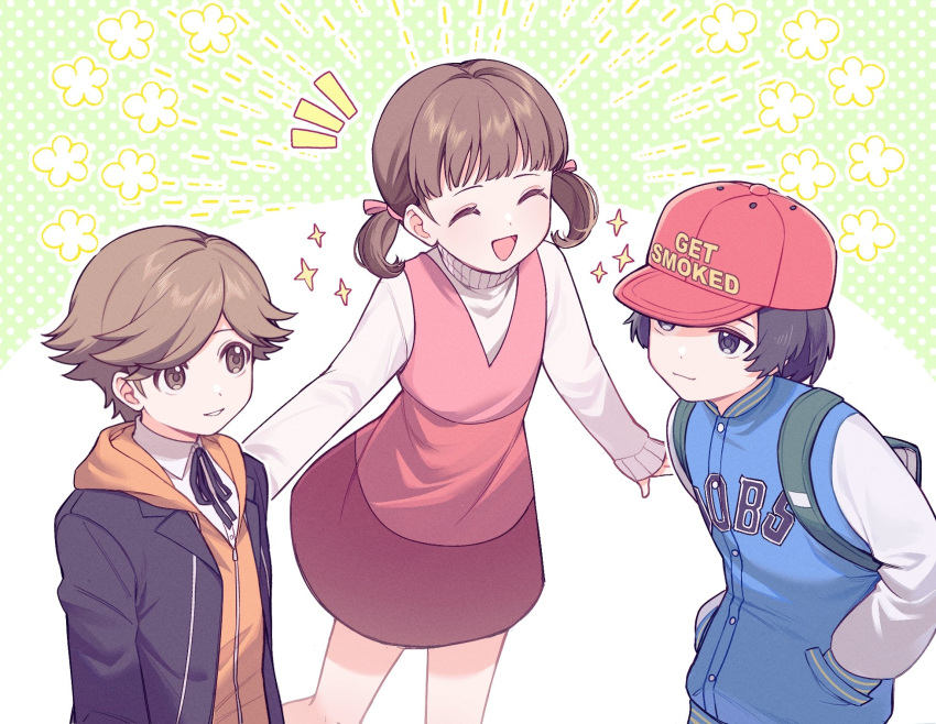 1girl, 2boys, amada_ken, backpack, bag, baseball_cap, black_ribbon, brown_eyes, brown_hair, closed_eyes, clothes_writing, doujima_nanako, hair_ribbon, hands_in_pockets, hat, highres, jacket, kashima_momoki, long_sleeves, multiple_boys, neck_ribbon, oda_shinya, open_mouth, persona, persona_3, persona_4, persona_5, pink_ribbon, ribbon, short_hair, short_twintails, simple_background, skirt, sweater, turtleneck, turtleneck_sweater, twintails, white_sweater