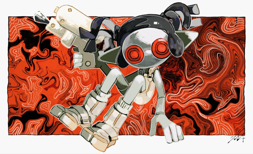 1girl, aluy01, bodysuit, border, colored_skin, full_body, grey_skin, gun