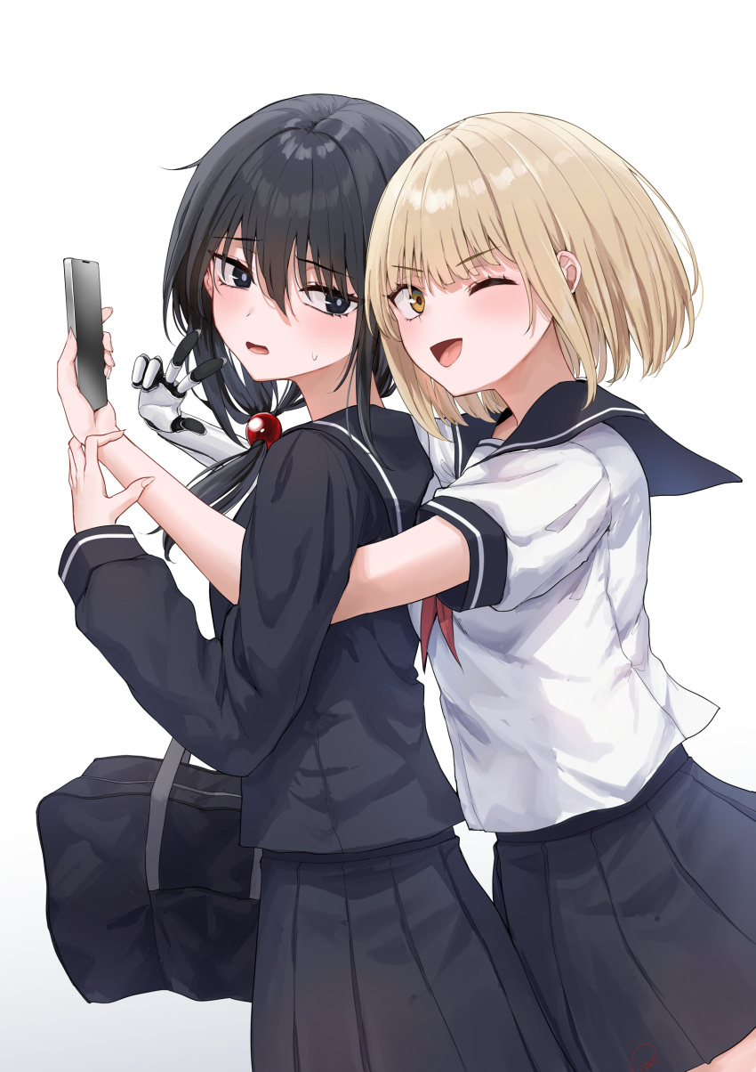 2girls, ;d, absurdres, ameno_hitsuka, black_eyes, black_hair, black_sailor_collar, black_serafuku