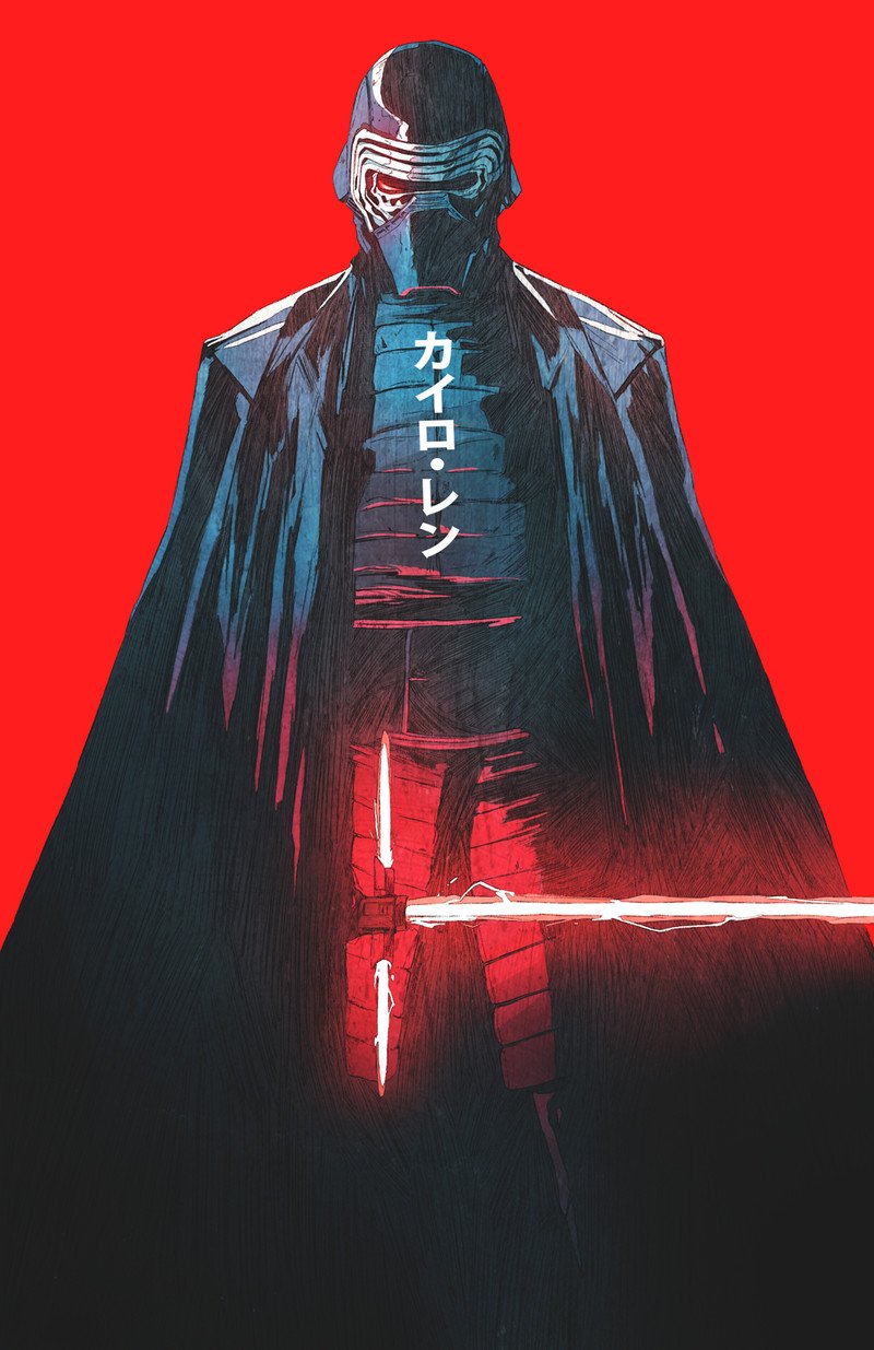1boy, armor, belt, black_armor, black_cape, cape, character_name, chun_lo, cowboy, crackling_energy, crossguard_lightsaber, energy_blade, energy_sword, facing_viewer, glowing, helmet, highres, holding, holding_lightsaber, holding_weapon, kylo_ren, lightsaber, red_background, red_lightsaber, red_theme, star_wars, star_wars:_the_force_awakens, sword, weapon