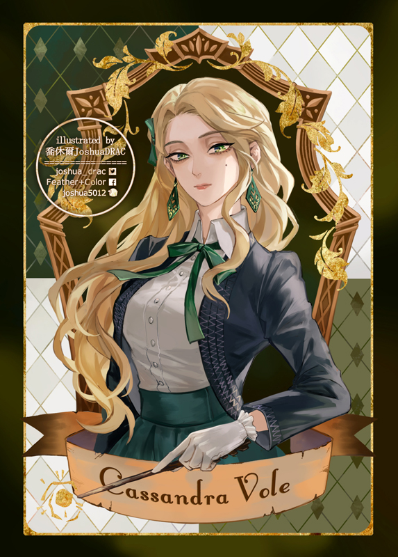 1girl, artist_name, black_jacket, blonde_hair, cassandra_vole, character_name, closed_mouth, collared_shirt