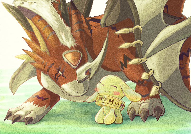 blush_stickers, closed_eyes, digimon, digimon_(creature), dog, doruguremon, dragon, grass
