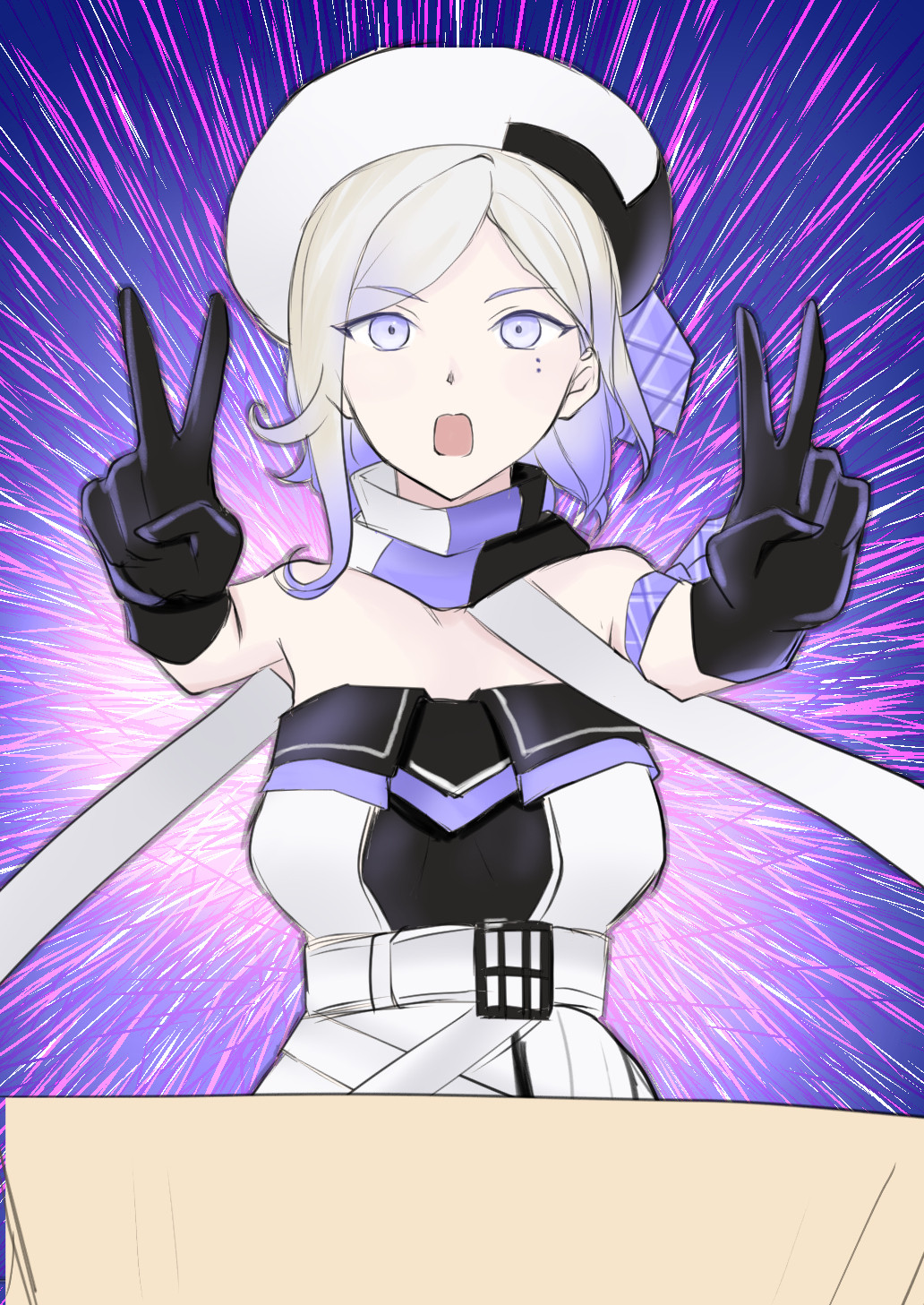 1girl, beret, black_gloves, blonde_hair, blue_eyes, double_v, emphasis_lines, fd_(fd_sanmaru)