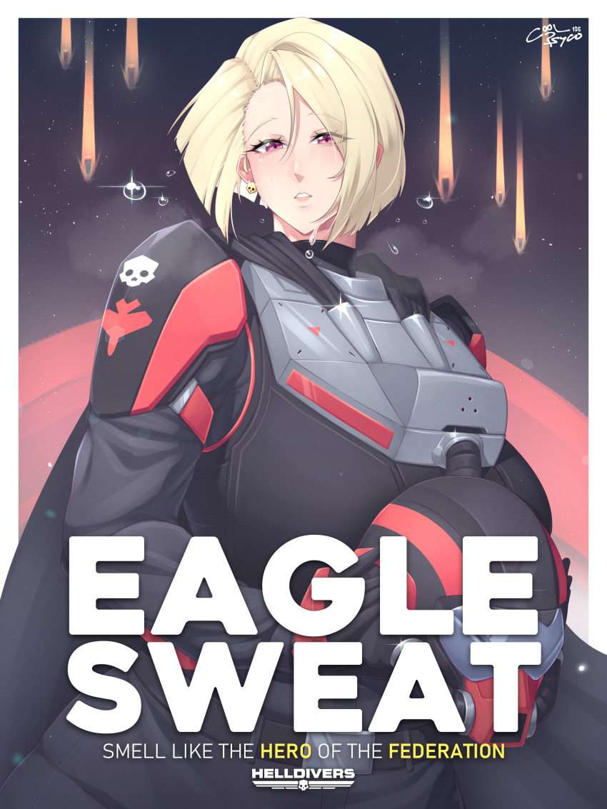 1girl, absurdres, armor, atmospheric_reentry, black_cape, blonde_hair, breasts, cape, commentary, coolpsyco, copyright_name, eagle_1_(helldivers), earrings, english_commentary, english_text, helldivers_(series), hellpod_(helldivers), helmet, highres, jewelry, large_breasts, pilot, pilot_suit, pink_eyes, poster_(medium), propaganda, science_fiction, short_hair, signature, skull, solo, space, spacesuit, star_(sky), sweatdrop, unworn_headwear, unworn_helmet