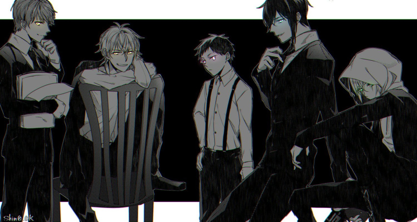 5boys, arm_behind_head, atsushi_toushirou, blue_eyes, chair, closed_mouth, finger_to_own_chin, glowing