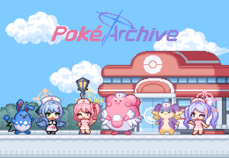 3girls, alternate_color, audino, azumarill, blissey, blue_archive, blue_hair, blue_wings