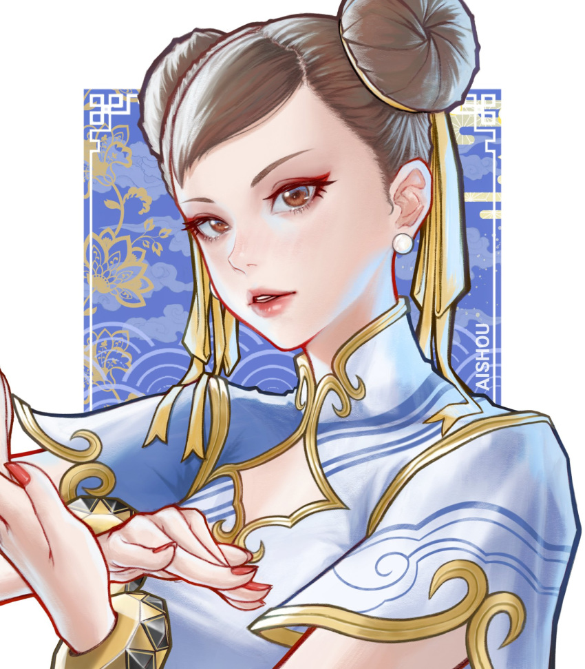 1girl, ai_shou, blue_background, border, brown_eyes, brown_hair, chun-li, commentary