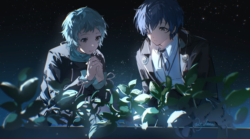 1boy, 1girl, aqua_hair, black_jacket, black_ribbon, blue_eyes, blue_hair, collared_shirt