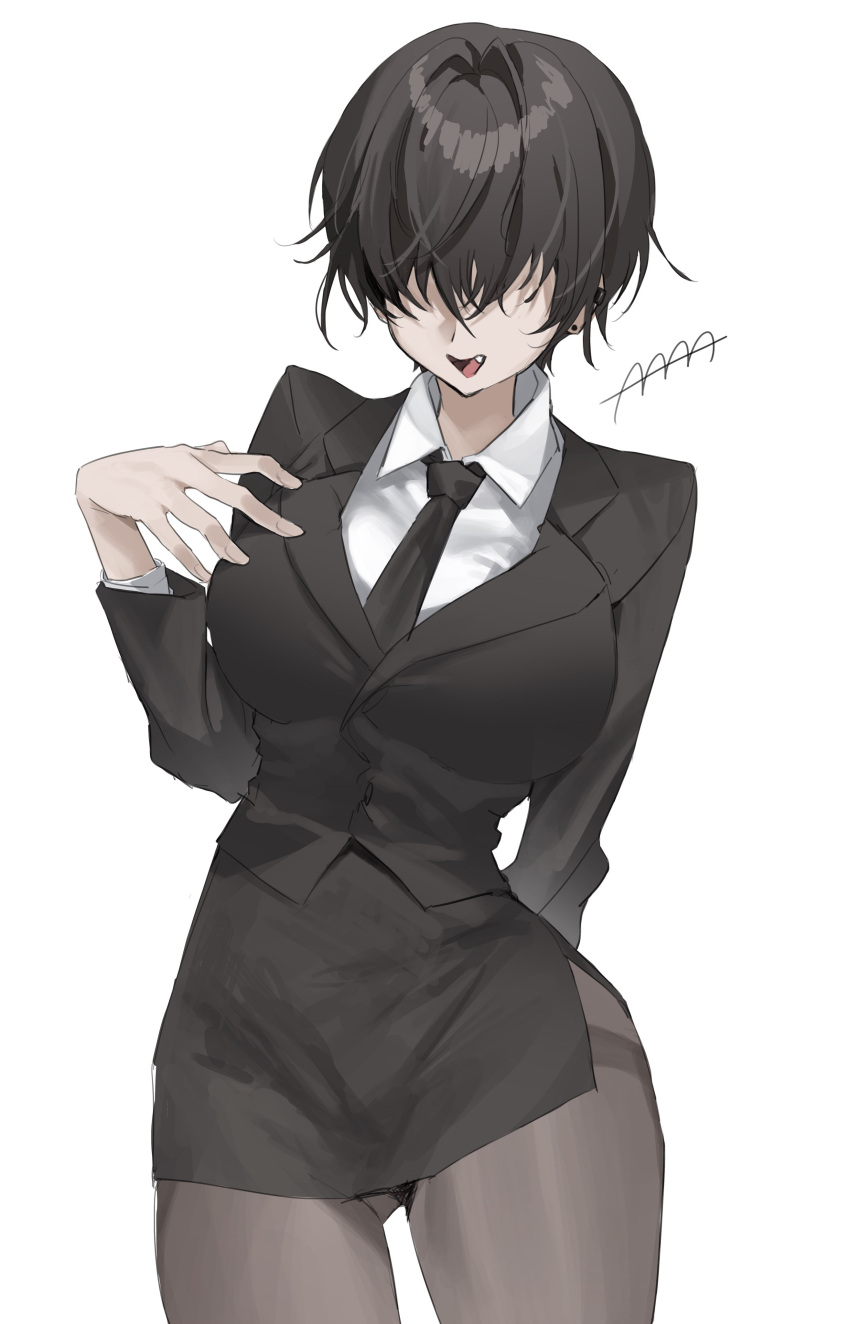 1girl, 4_ge, absurdres, arm_behind_back, black_hair, black_necktie, black_pantyhose, black_skirt, breasts, collared_shirt, ear_piercing, facing_viewer, fang, hair_between_eyes, hair_over_eyes, highres, large_breasts, long_sleeves, necktie, office_lady, open_mouth, original, pantyhose, pencil_skirt, piercing, shirt, short_hair, simple_background, skirt, skirt_suit, solo, suit, thighband_pantyhose, white_background, white_shirt
