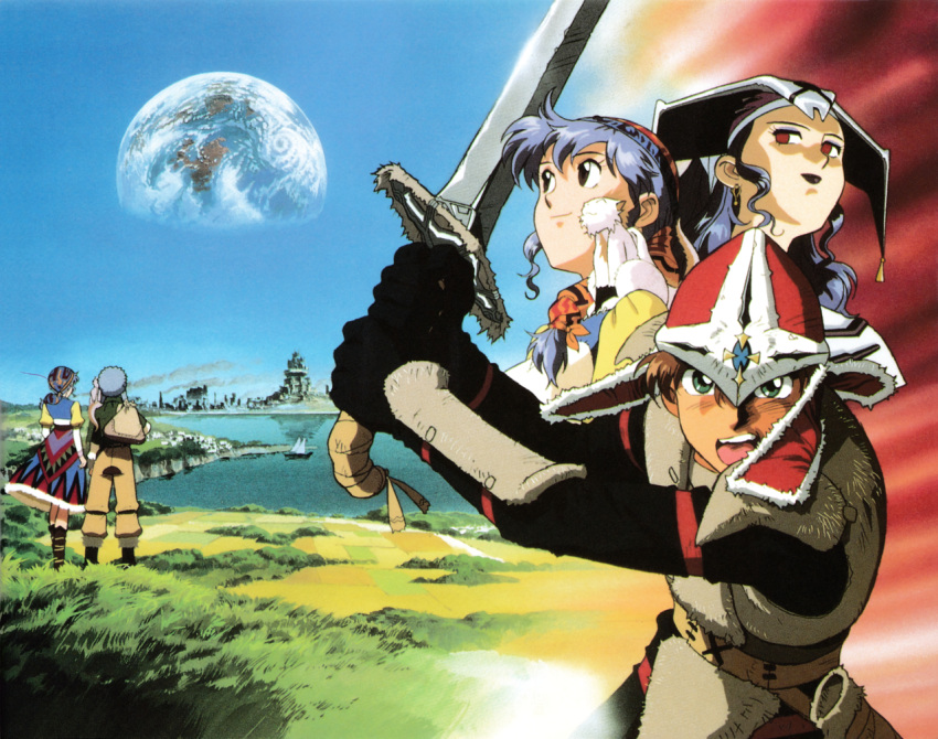 1990s_(style), 1boy, 2girls, alex_noah, artist_request, bandana, black_lips, blue_hair, day, dragonmaster, dress, fantasy, helmet, holding, lipstick, looking_at_viewer, luna_noah, lunar, lunar:_the_silver_star, makeup, multiple_girls, nall_(lunar), non-web_source, official_art, open_mouth, planet, retro_artstyle, smile, standing, sword, two-handed, weapon
