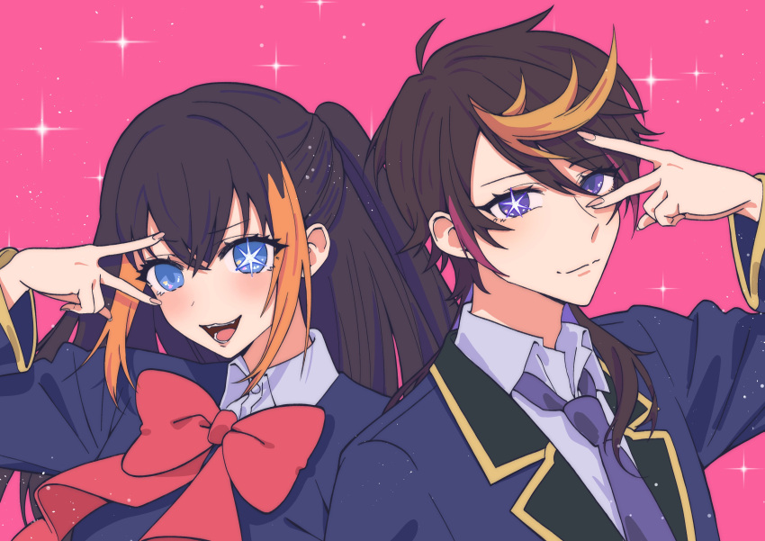 1boy, 1girl, absurdres, black_hair, blonde_hair, blue_eyes, blush, bow