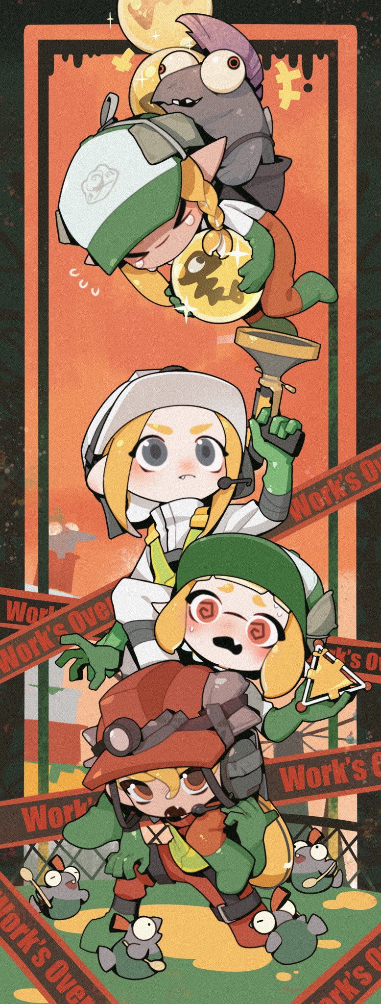 >_<, 1boy, 3girls, @_@, baseball_cap, blonde_hair, boots, closed_mouth
