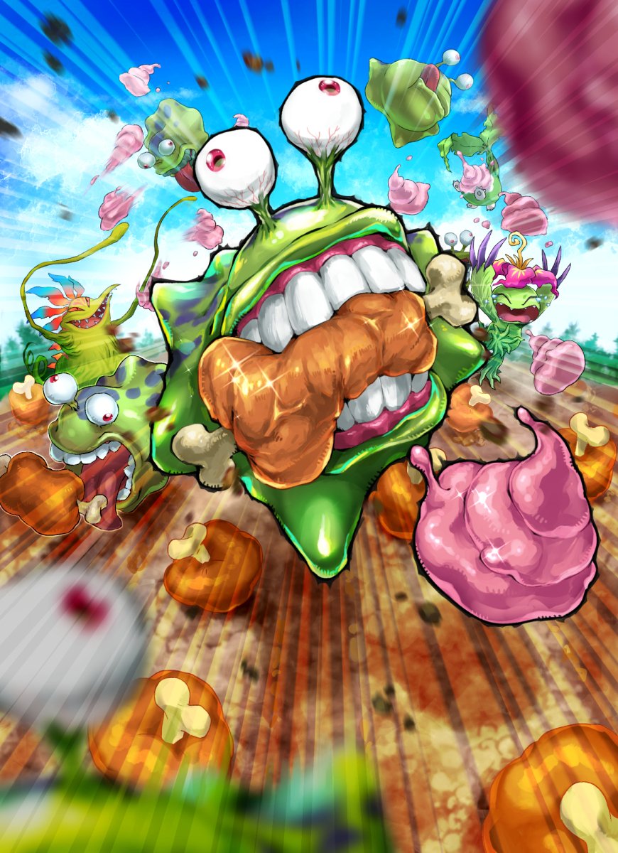 blue_sky, clouds, day, digimon, digimon_(creature), eating, flower, food
