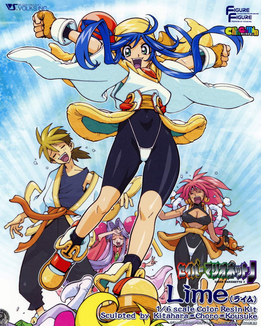 2boys, 3girls, absurdres, aqua_eyes, arm_up, bandana, blonde_hair, bloodberry