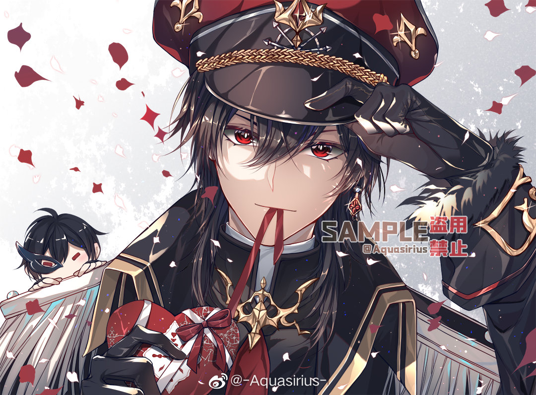 1boy, aqueasirius, ayn_alwyn, black_coat, black_gloves, black_hair, black_jacket, box