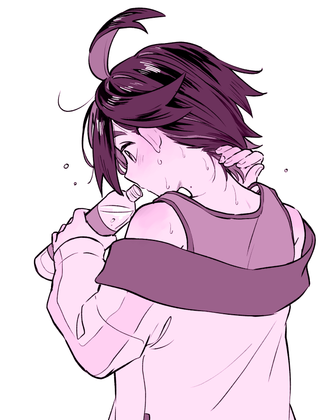 1boy, bare_shoulders, blush, bottle, holding, holding_bottle, jacket, kieran_(pokemon), kyo_zyaku, long_sleeves, male_focus, mole, mole_on_neck, monochrome, off_shoulder, open_clothes, open_jacket, pokemon, pokemon_sv, profile, simple_background, solo, sweat, tank_top, upper_body, water_bottle