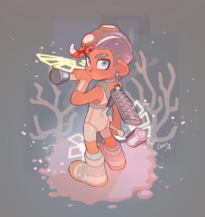 1boy, agent_8_(splatoon), bodysuit, commentary, coral, dark-skinned_male, dark_skin, dual_wielding