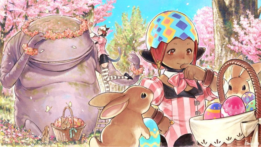 2girls, :d, animal_ears, basket, black_skirt, bow, bowtie, cat_ears, cherry_blossoms, closed_mouth, dark-skinned_female, dark_skin, day, easter_egg, egg, final_fantasy, final_fantasy_xiv, flower_wreath, goobbue_(final_fantasy), grey_thighhighs, highres, jewelry, jihli_aliapoh, lalafell, miniskirt, miqo'te, monster, multiple_girls, nonotta_(ff14), outdoors, pink_bow, pink_bowtie, pointy_ears, rabbit, red_eyes, ring, skirt, smile, striped_clothes, striped_thighhighs, suspenders, thigh-highs, tree, wristband