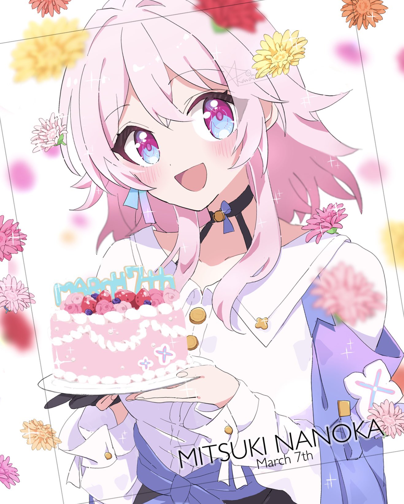 1girl, :d, birthday, birthday_cake, black_gloves, blue_eyes, blush, cake