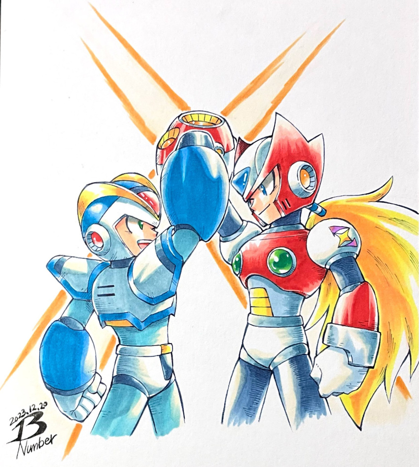 2boys, arm_cannon, arm_up, armor, blonde_hair, blue_eyes, blue_headwear, character_name