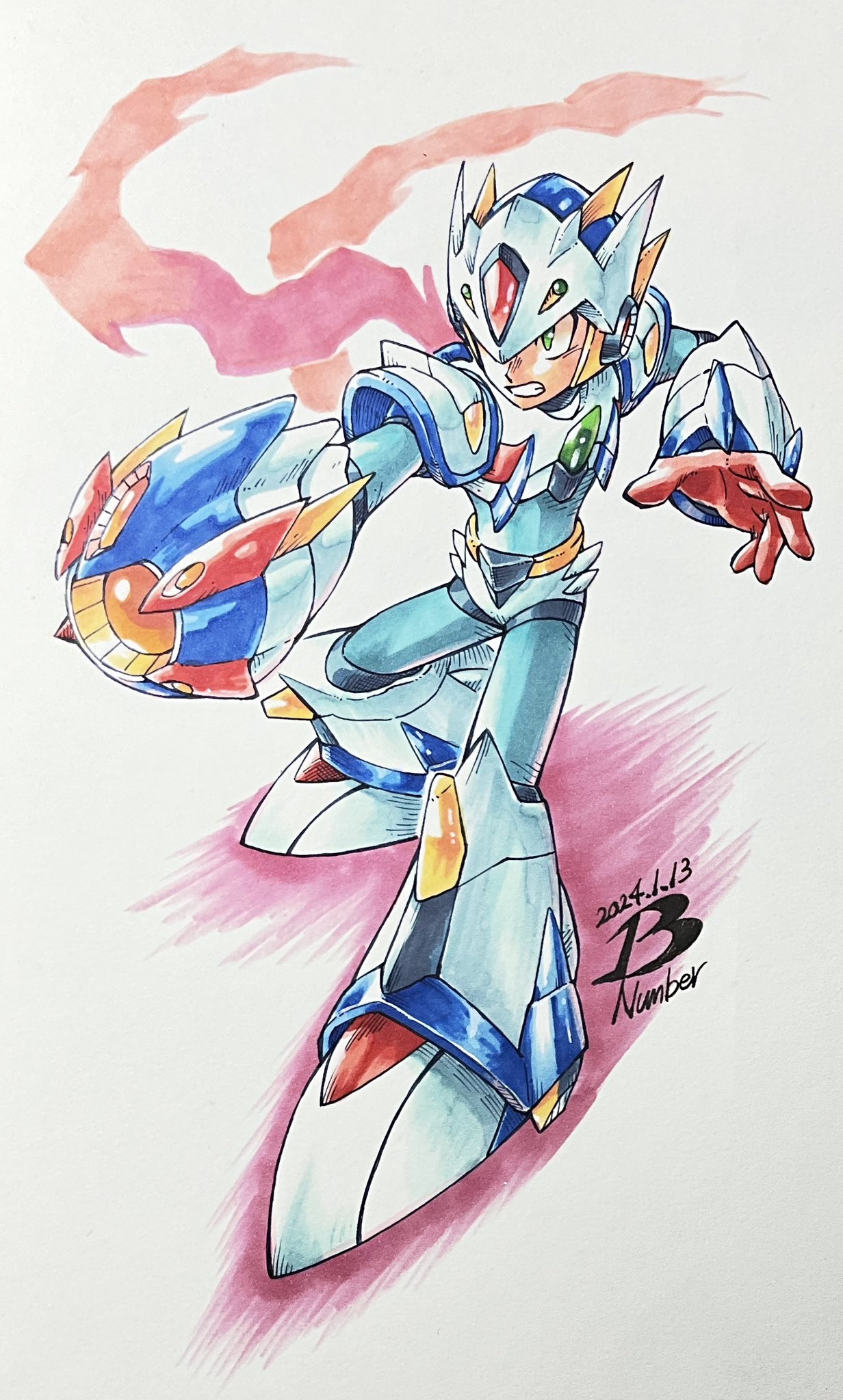 1boy, adapted_costume, arm_cannon, armor, artist_logo, commentary_request, dated, forehead_jewel
