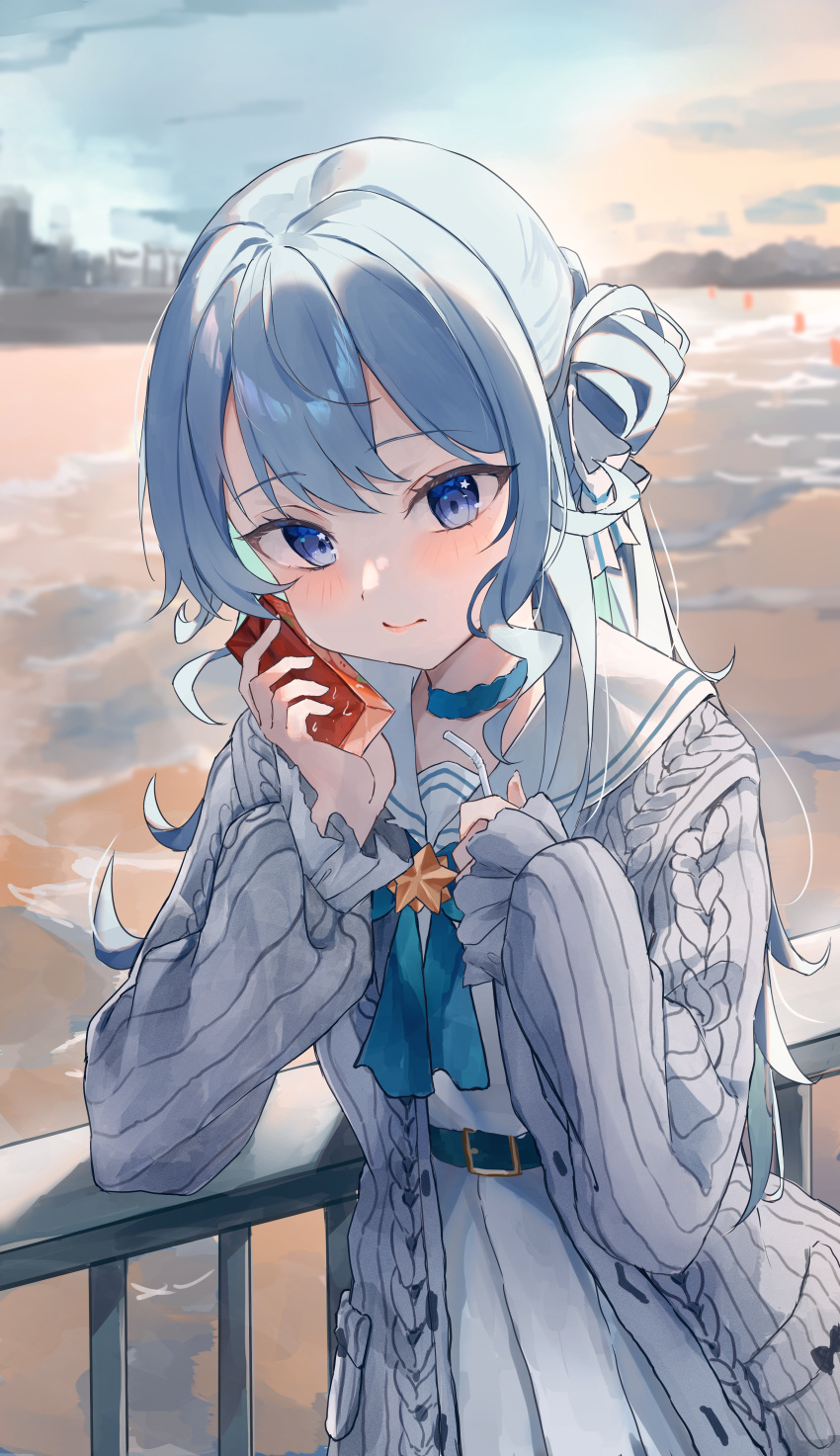 1girl, absurdres, aran_sweater, beach, belt, blue_belt, blue_bow, blue_bowtie