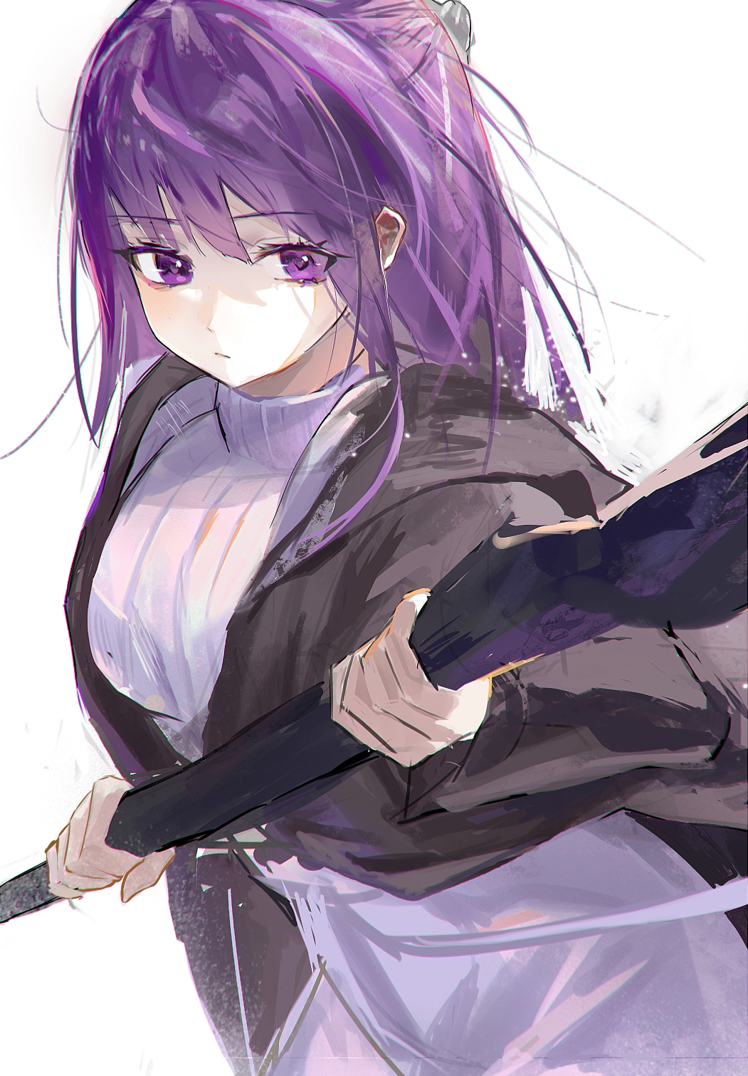 1girl, black_coat, closed_mouth, coat, commentary, cowboy_shot, dress, expressionless