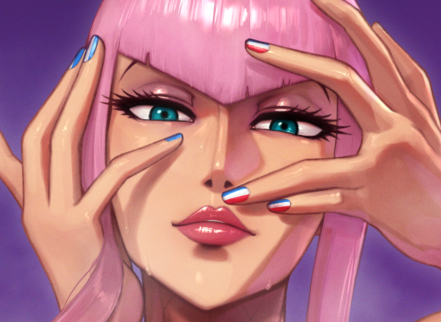 1girl, blue_eyes, looking_at_viewer, manon_legrand, pink_hair, portrait, purple_background, rampage_(leedash2)