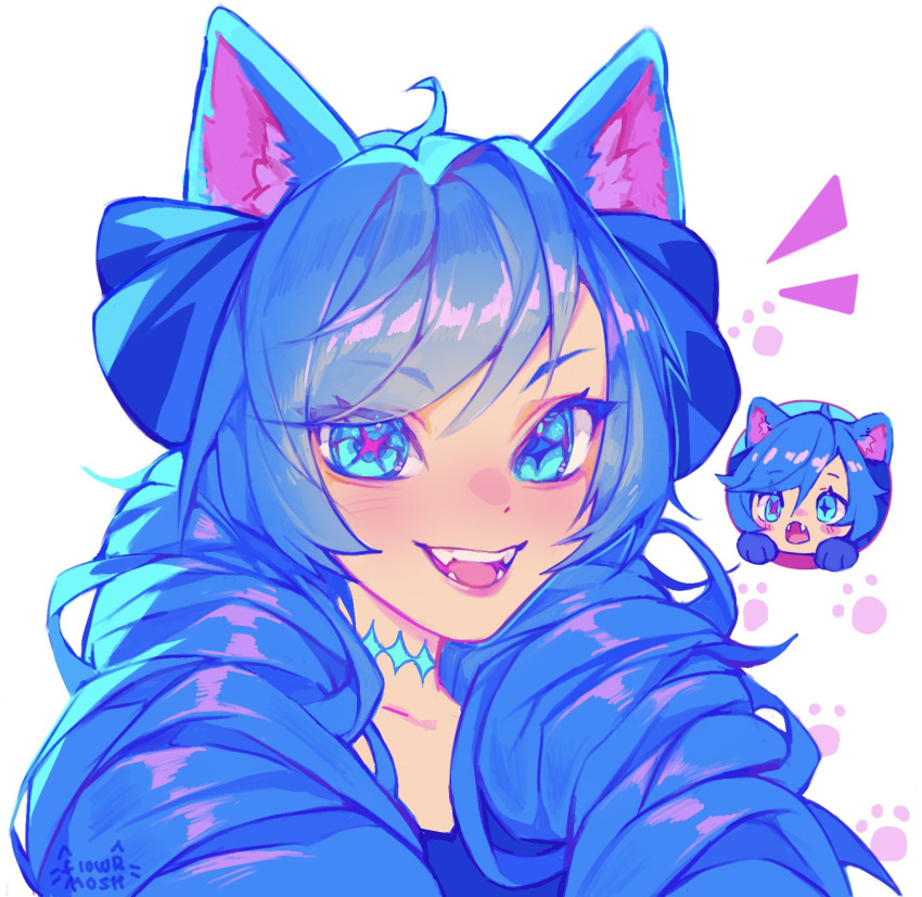 1girl, :d, :o, ahoge, animal_ears, blue_eyes, blue_hair, blush_stickers, bow, cat_ears, cat_girl, drill_hair, fangs, green_eyes, gwen_(league_of_legends), hair_bow, highres, knol_(flowrmosh), league_of_legends, long_hair, looking_at_another, open_mouth, portrait, smile, teeth, twin_drills, twintails, white_background