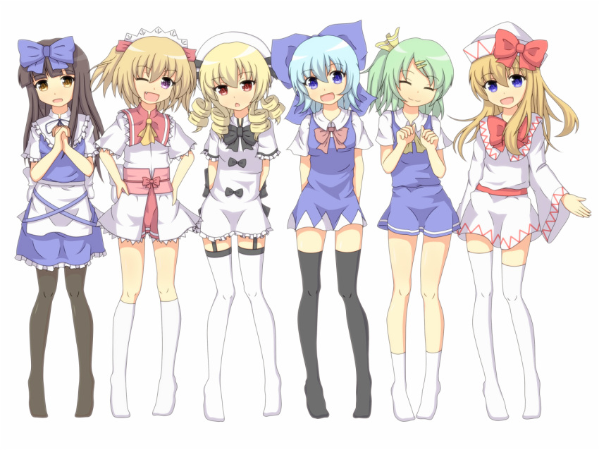 adapted_costume, arms_behind_back, black_hair, black_legwear, black_pantyhose, black_thighhighs, blonde_hair, blue_hair