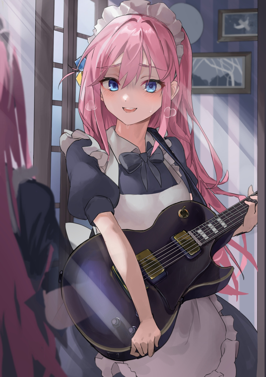 1girl, absurdres, apron, black_bow, black_bowtie, black_dress, blue_eyes, bocchi_the_rock!