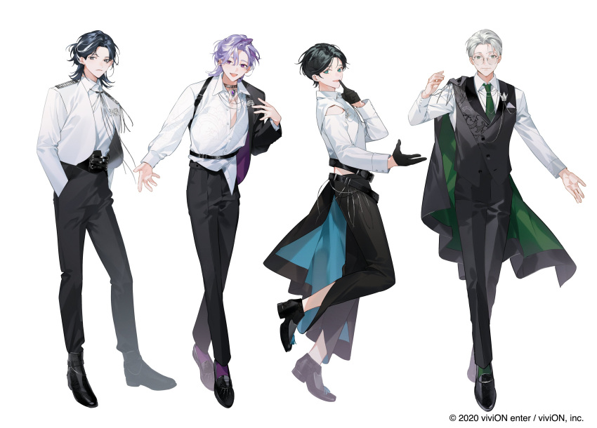 4boys, :d, ankle_boots, aqua_eyes, asymmetrical_clothes, beckoning, belt, belt_buckle, belt_chain, black_belt, black_cape, black_eyes, black_footwear, black_gloves, black_hair, black_jacket, black_pants, black_vest, blue_hair, boots, buckle, cape, choker, clock_over_orquesta, closed_mouth, clothing_cutout, collar_chain_(jewelry), collared_shirt, copyright_notice, cuff_links, dark_blue_hair, ear_piercing, earrings, epaulettes, expressionless, finger_to_mouth, full_body, gloves, green_eyes, green_necktie, green_socks, hair_behind_ear, hair_slicked_back, half_gloves, half_updo, hand_on_own_chest, hand_up, hands_in_pockets, harumi_kazuto, high-waist_pants, highres, jacket, jewelry, kokonoe_konoe, lapel_pin, lapels, leaning_forward, loafers, long_sleeves, looking_at_viewer, looking_to_the_side, male_focus, mature_male, medium_hair, midriff, multicolored_hair, multiple_boys, necklace, necktie, notched_lapels, official_art, open_collar, open_hand, outstretched_arm, pants, parted_bangs, partially_unbuttoned, piercing, pocket_square, purple_hair, purple_socks, shawl_lapels, shirt, shirt_partially_tucked_in, shirt_tucked_in, shoes, short_hair, shoulder_cutout, side_cape, simple_background, single_epaulette, single_sleeve, smile, socks, standing, standing_on_one_leg, streaked_hair, stud_earrings, suit, suit_jacket, tassel, tenma_nanase, tokito_reiji, two-sided_cape, two-sided_fabric, vest, violet_eyes, waist_cape, white_background, white_hair, white_jacket, white_shirt, wrinkled_skin, yukko_(matakite_4kaku)