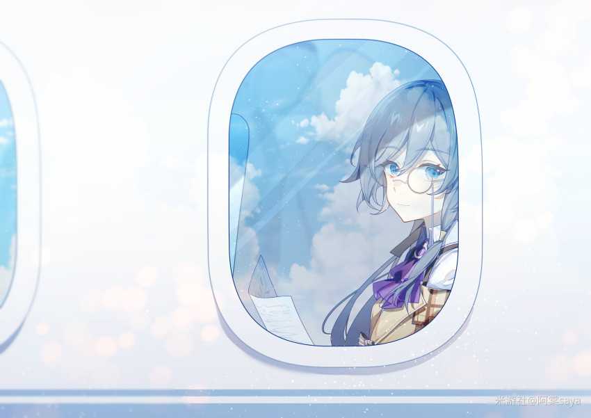1girl, absurdres, artist_name, ascot, blue_eyes, blue_hair, blue_sky, brown_jacket, chinese_text, closed_mouth, clouds, cloudy_sky, detective, fu_hua, fu_hua_(hawk_of_the_fog), fu_hua_(valkyrie_accipiter), grey_hair, hair_between_eyes, high_ponytail, highres, honkai_(series), honkai_impact_3rd, jacket, light_smile, long_hair, long_sleeves, looking_at_viewer, monocle, off_shoulder, official_alternate_costume, open_clothes, open_jacket, paper, ponytail, purple_ascot, saya_atang, shirt, simplified_chinese_text, sky, solo, white_background, white_shirt, window