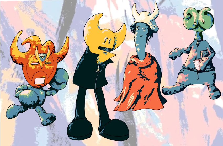 1girl, 3boys, abstract_background, boxing_gloves, coach_z_(homestar_runner), cosplay, cup, dedusmuln, dedusmuln_(cosplay), eumillipes, fake_horns, highres, holding, holding_cup, homestar_runner, homestar_runner_(character), horned_headwear, horns, hylics, marzipan_(homestar_runner), mask, mittens, multiple_boys, open_mouth, pongorma, pongorma_(cosplay), red_skirt, skirt, somsnosa, somsnosa_(cosplay), standing, strong_bad, wayne_(hylics), wayne_(hylics)_(cosplay), white_headwear, zipper