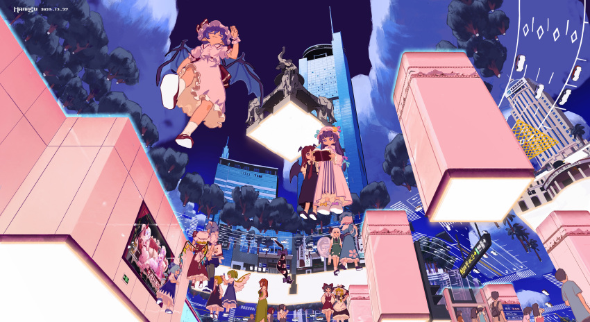 6+girls, absurdres, apron, artist_name, ascot, backpack, bag, bank, bat_wings, black_ascot, black_dress, blonde_hair, blue_dress, blue_hair, blue_headwear, book, bow, building, car, cirno, city, closed_eyes, closed_mouth, commentary_request, couch, crystal, daiyousei, dated, dress, expressionless, fairy_wings, flandre_scarlet, footwear_bow, frilled_skirt, frilled_sleeves, frills, gap_(touhou), green_dress, green_hair, green_skirt, green_vest, grey_hair, hair_bow, hakurei_reimu, hannsu, hat, head_wings, highres, holding, holding_book, hong_meiling, ice, ice_wings, izayoi_sakuya, kirisame_marisa, koakuma, konpaku_youmu, long_hair, long_sleeves, mob_cap, motor_vehicle, multiple_girls, necktie, open_book, open_mouth, patchouli_knowledge, people, pillar, pinafore_dress, pink_bow, pink_dress, pink_hair, pink_headwear, poster_(object), purple_hair, red_bow, red_dress, red_footwear, red_necktie, red_ribbon, redhead, remilia_scarlet, ribbon, rumia, saigyouji_yuyuko, shirt, shoes, shopping_bag, short_hair, short_sleeves, skirt, skyscraper, sleeveless, sleeveless_dress, smile, statue, striped_clothes, striped_dress, t-shirt, touhou, tree, underground, vest, violet_eyes, white_apron, white_bow, white_dress, white_footwear, white_hair, wide_shot, wings, witch_hat, yellow_bow