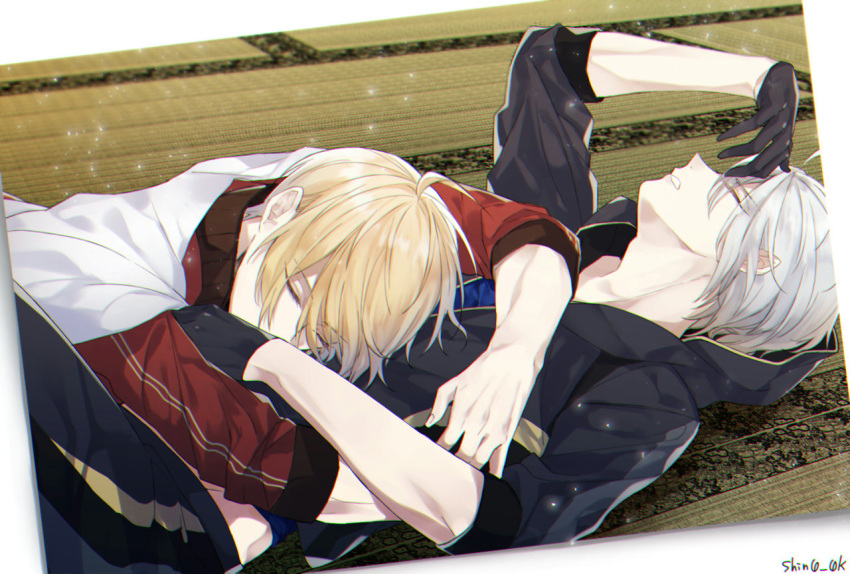 2boys, black_gloves, blonde_hair, clenched_teeth, cloak, closed_eyes, gloves, grey_hair