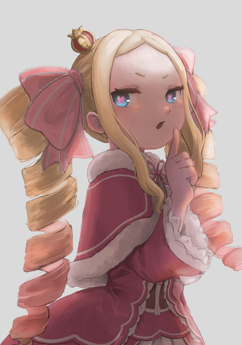 1girl, beatrice_(re:zero), blonde_hair, blue_eyes, butterfly-shaped_pupils, capelet, commentary_request, crown