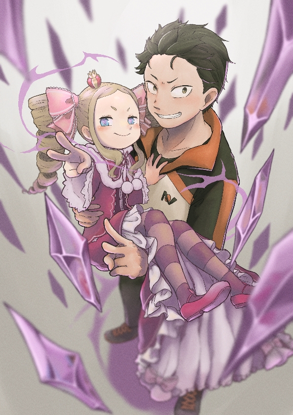 beatrice_(re:zero), black_footwear, black_hair, blonde_hair, blue_eyes, blush, brown_eyes, butterfly-shaped_pupils
