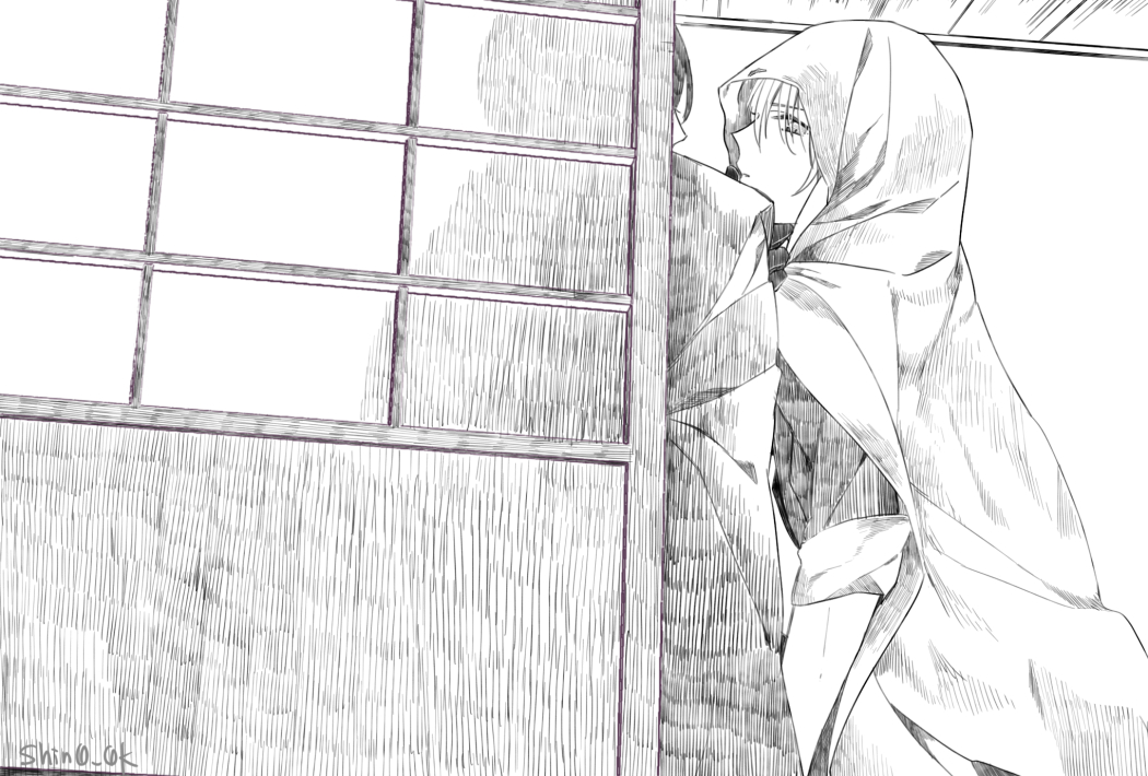 ceiling, cloak, eyelashes, from_behind, hatching_(texture), hood, japanese_clothes, kariginu