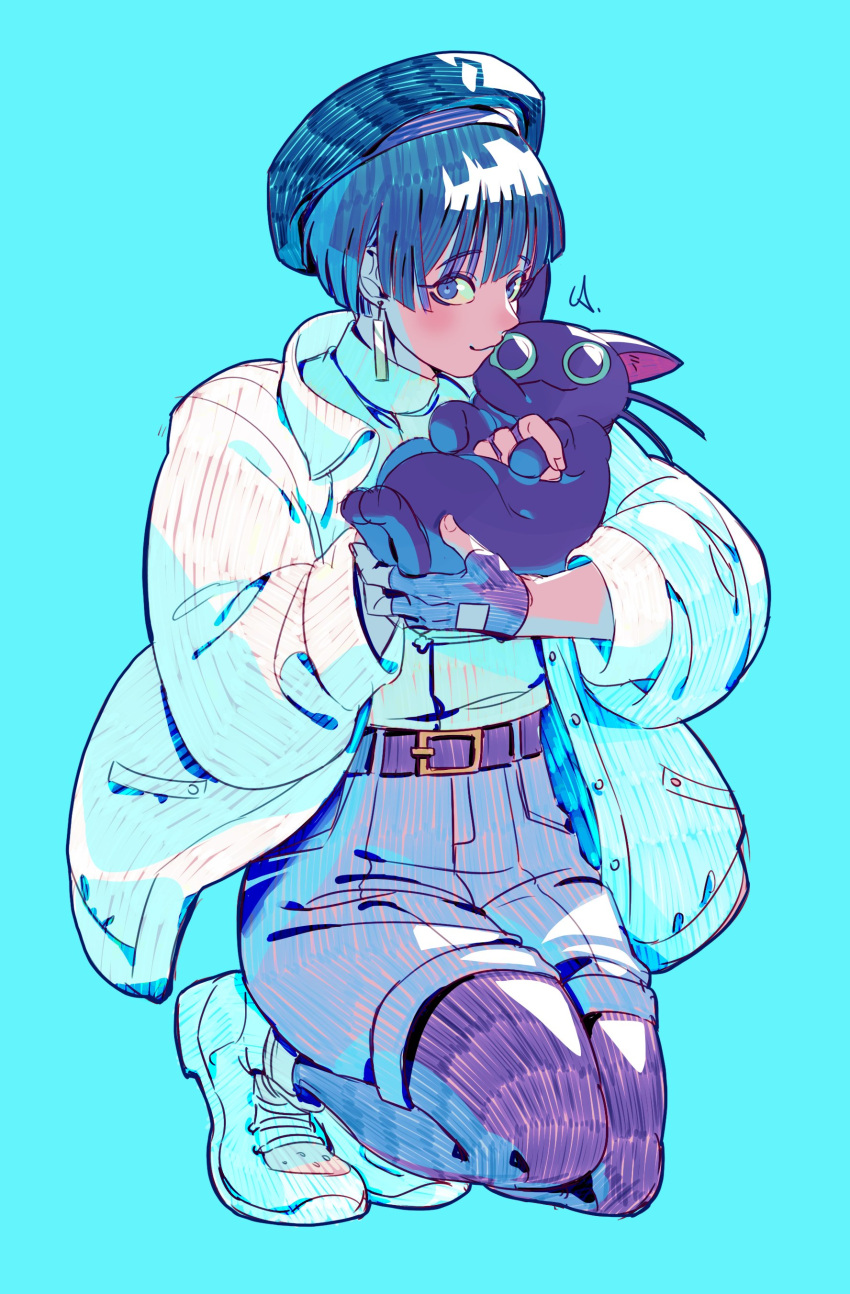 1girl, absurdres, belt, black_belt, black_cat, black_headwear, blue_eyes, cat