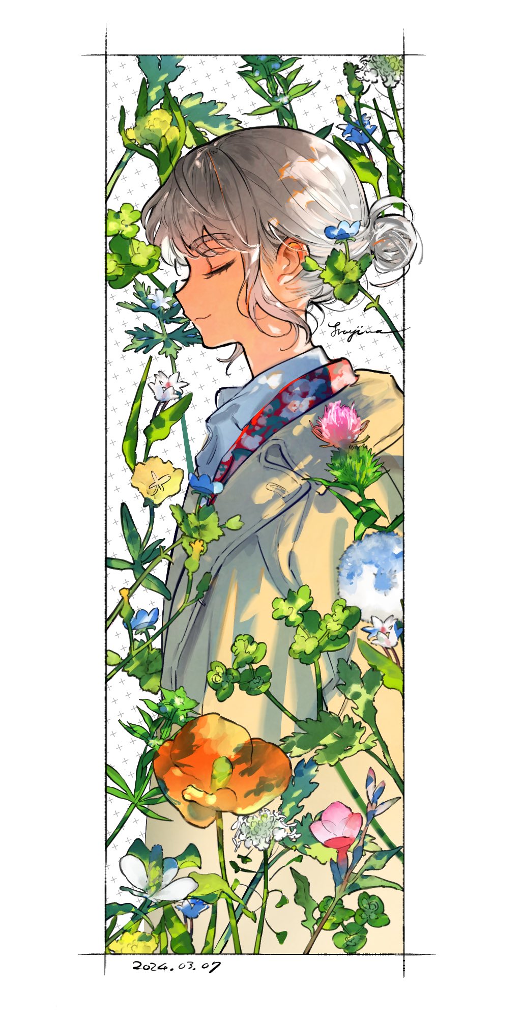 1boy, blue_flower, brown_coat, closed_eyes, coat, dated, fate/grand_order, fate_(series)