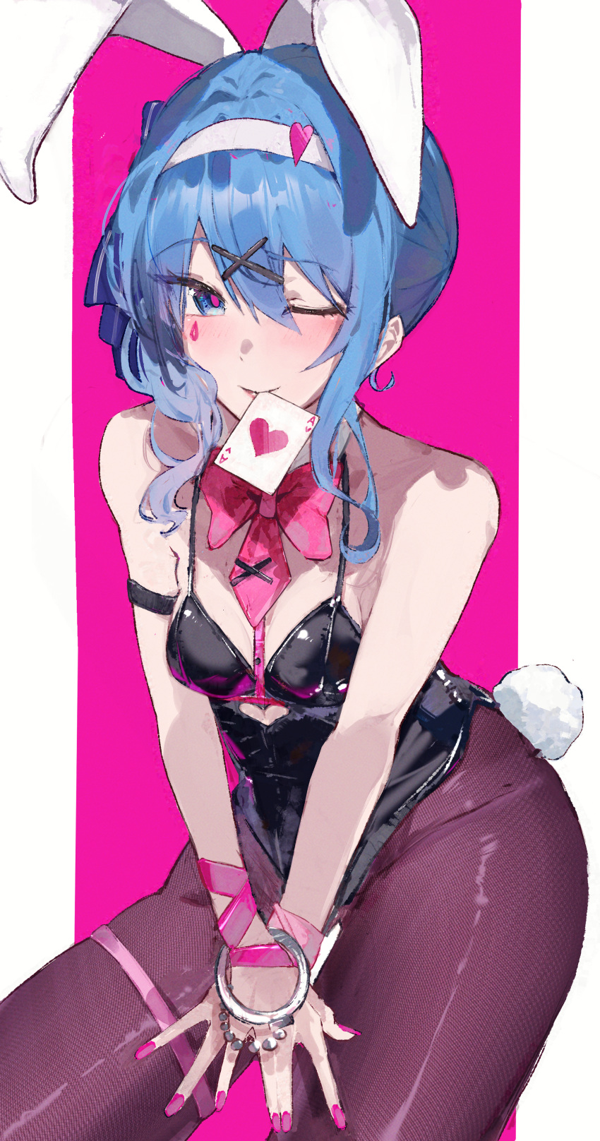 1girl, absurdres, animal_ears, arm_strap, bare_shoulders, black_thighhighs, blue_eyes, blue_hair