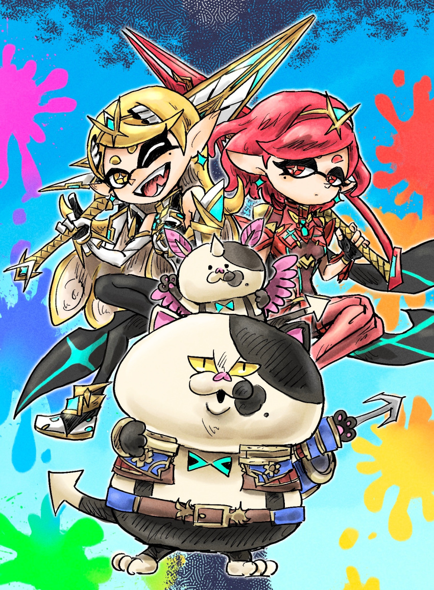 2boys, 2girls, aegis_sword_(xenoblade), alternate_eye_color, alternate_hair_color, arm_guards, armor, bare_shoulders, black_eyes, black_gloves, black_pantyhose, blonde_hair, blue_vest, bob_cut, bodysuit, callie_(splatoon), cat, chest_jewel, colored_sclera, core_crystal_(xenoblade), cosplay, cousins, dress, elbow_gloves, fingerless_gloves, gloves, grappling_hook, highres, impossible_clothes, judd_(splatoon), kicdon, li'l_judd_(splatoon), long_hair, marie_(splatoon), microdress, multiple_boys, multiple_girls, mythra_(massive_melee)_(xenoblade), mythra_(xenoblade), mythra_(xenoblade)_(cosplay), pantyhose, pyra_(xenoblade), pyra_(xenoblade)_(cosplay), red_eyes, red_shorts, red_thighhighs, redhead, rex_(xenoblade), rex_(xenoblade)_(cosplay), short_hair, short_shorts, shorts, shoulder_armor, splatoon_(series), suspenders, swept_bangs, tentacle_hair, thigh-highs, thighhighs_over_pantyhose, tiara, vest, white_dress, yellow_eyes, yellow_sclera