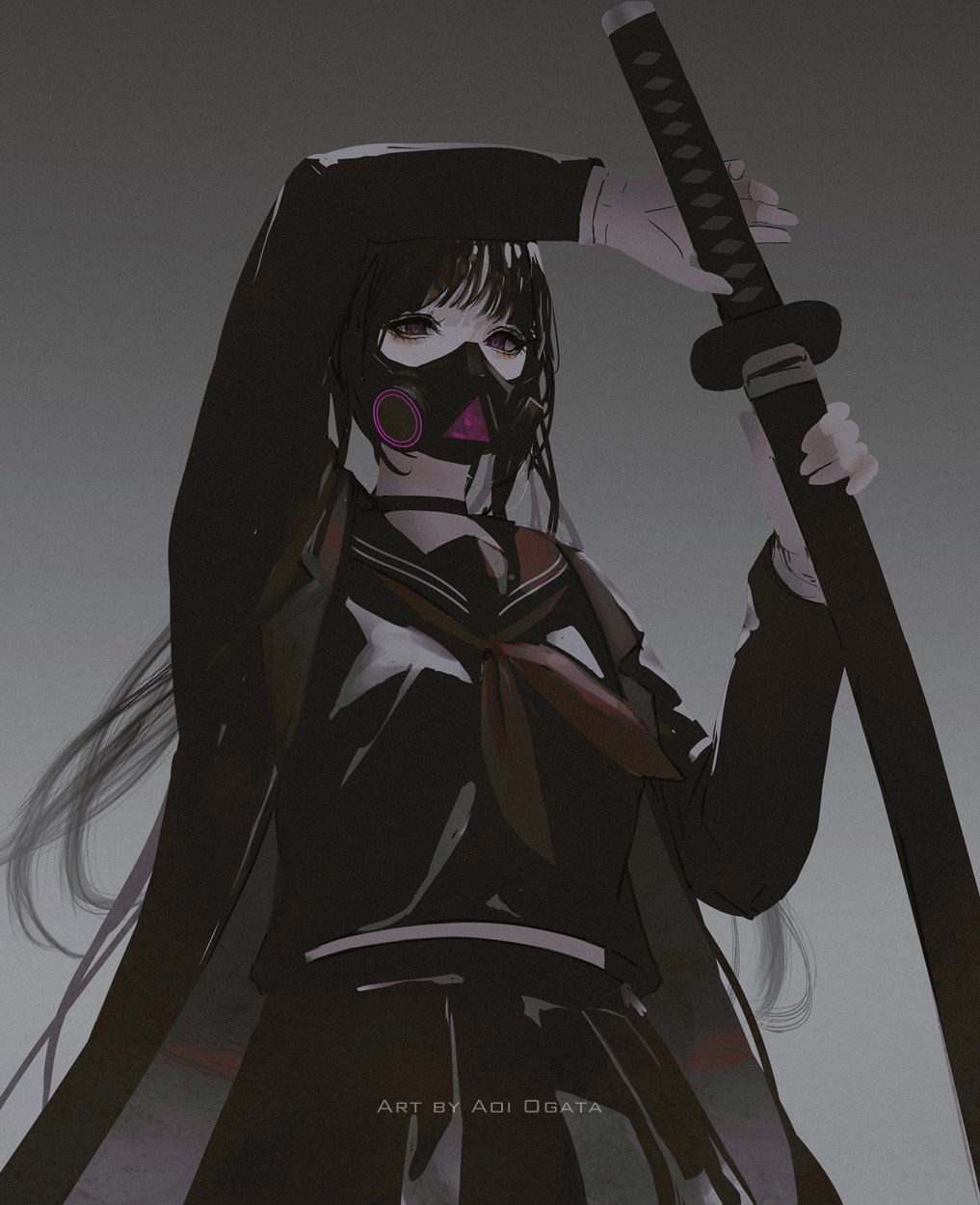 1girl, aoi_ogata, arm_up, artist_name, black_eyes, black_hair, black_jacket, black_sailor_collar