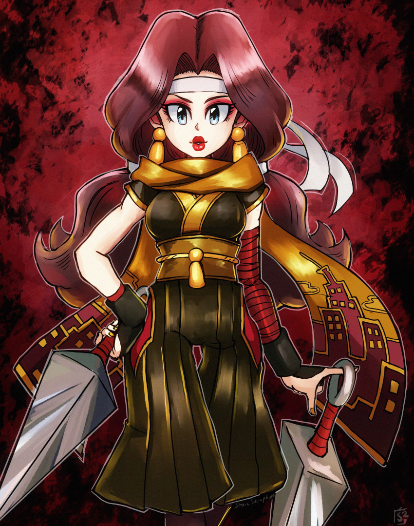 absurdres, alternate_costume, bandana, breasts, brown_hair, building, donkey_kong_(1981_game), donkey_kong_(series), dual_wielding, earrings, eyeshadow, fingerless_gloves, gloves, green_eyes, highres, holding, holding_weapon, jewelry, kunai, lipstick, long_hair, looking_at_viewer, makeup, ninja, pauline_(mario), princess_peach:_showtime!, scarf, short_sleeves, stoic_seraphim, straight-on, super_mario_bros., twintails, weapon, wrist_guards