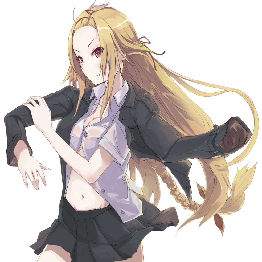 blonde_hair, braid, breasts, brown_eyes, chanchan, cleavage, forehead, hair_ornament