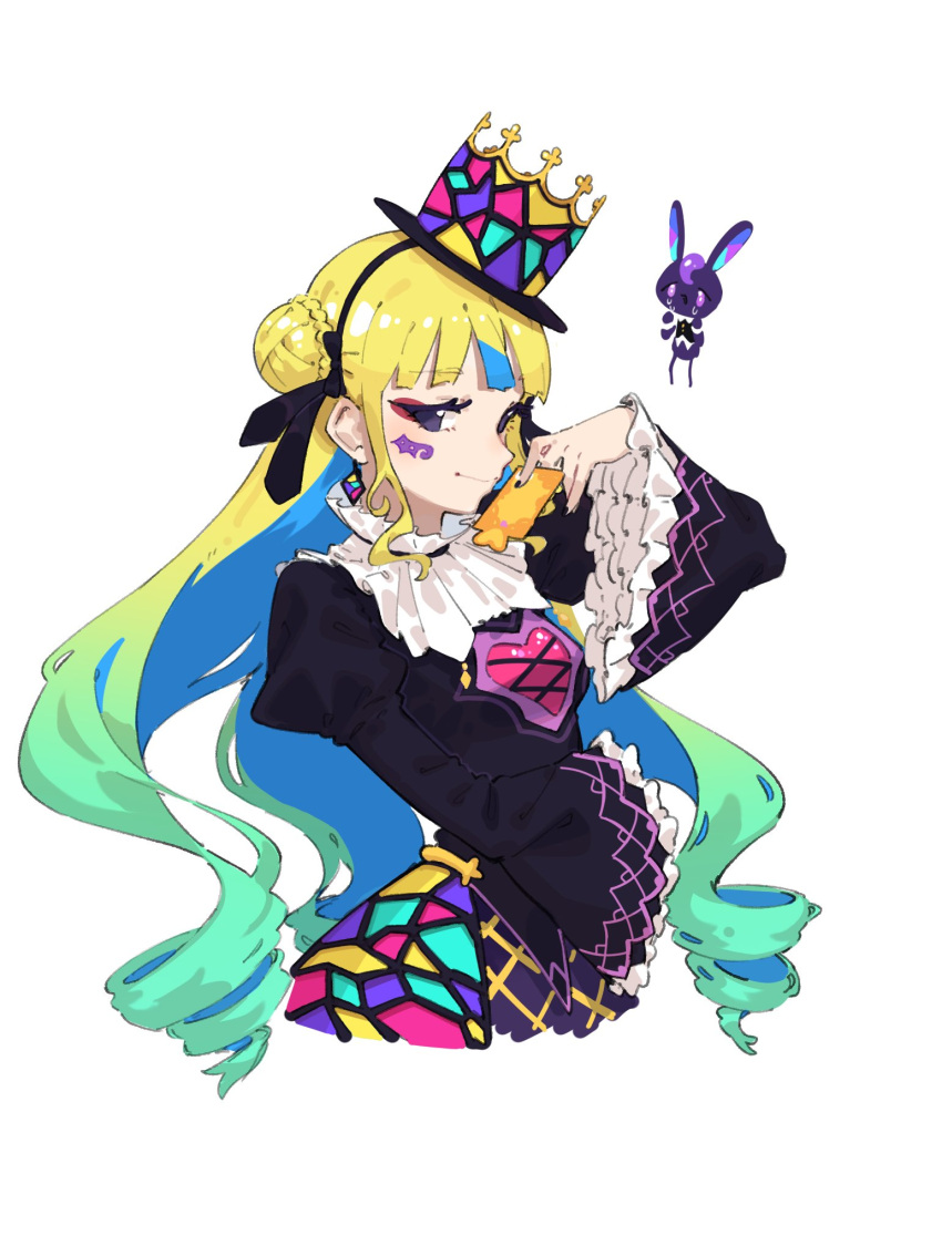 1girl, black_dress, black_hairband, black_ribbon, blonde_hair, blue_hair, blunt_bangs, braid